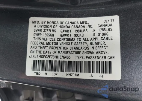 2017 Honda Civic Ex from USA, damaged, VIN 2HGFC2F73HH576465